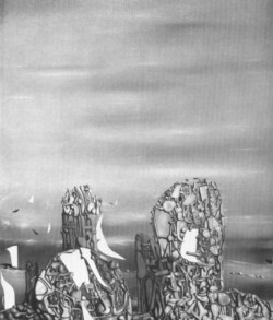 THE HUNTED SKY. 1951.
(Le Ciel traqué).
Oil on canvas, 39 x 32".
Collection Mrs. Yves Tanguy, Woodbury, Conn. THE HUNTED SKY. 1951. (Le Ciel traqué). Oil on canvas, 39 x 32". Collection Mrs. Yves Tanguy, Woodbury, Conn.